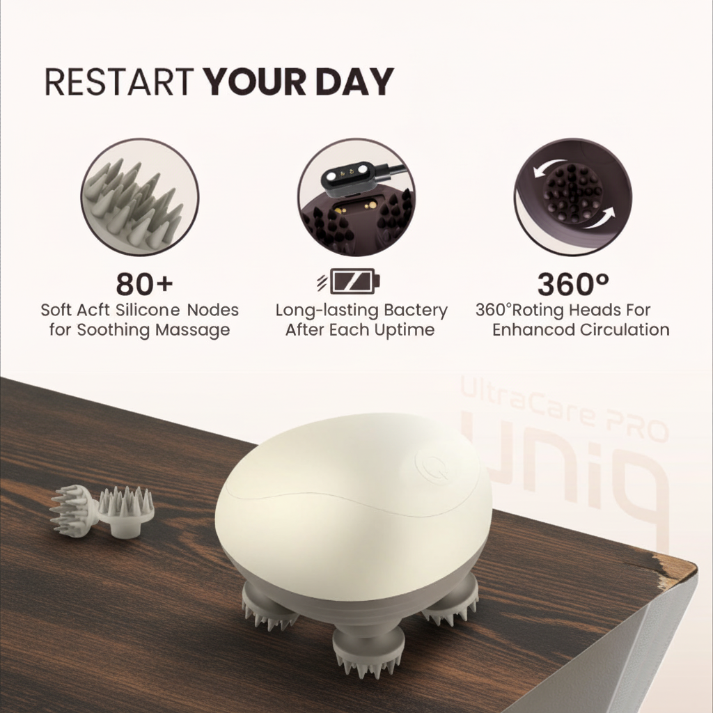 Head and Scalp Massager – Cordless, Rechargeable with 3 Modes and 96 Silicone Nodes Align Body Relief